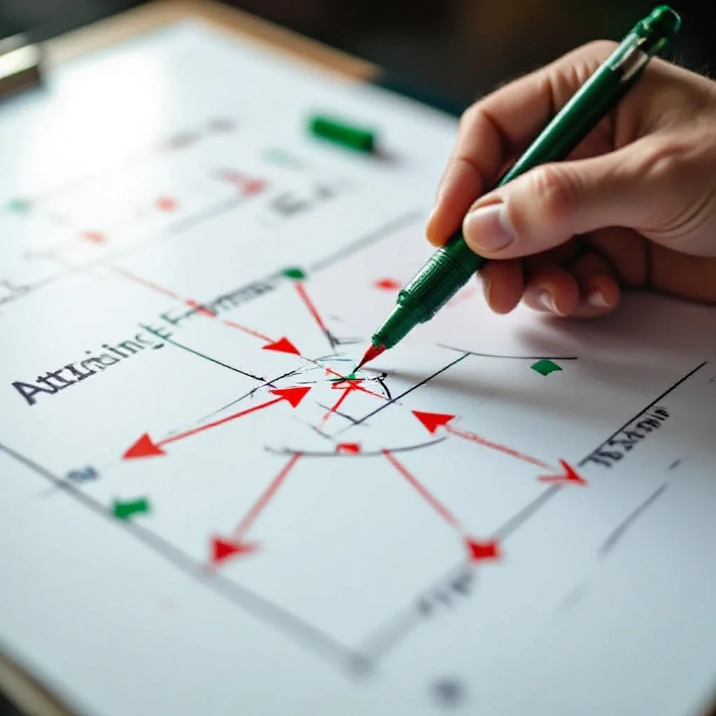 A tactical whiteboard showing attacking formation patterns with red arrows indicating offensive movements