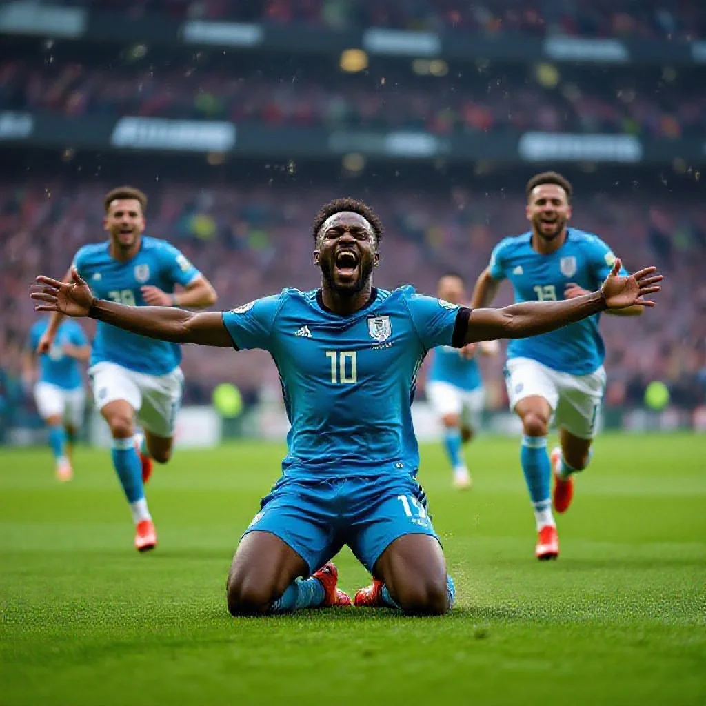 A striker sliding on his knees in celebration after scoring