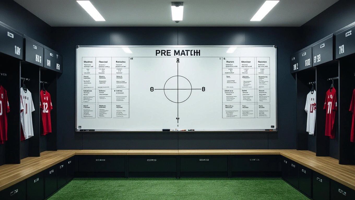 A pre-match dressing room with a large tactical whiteboard dominating the wall