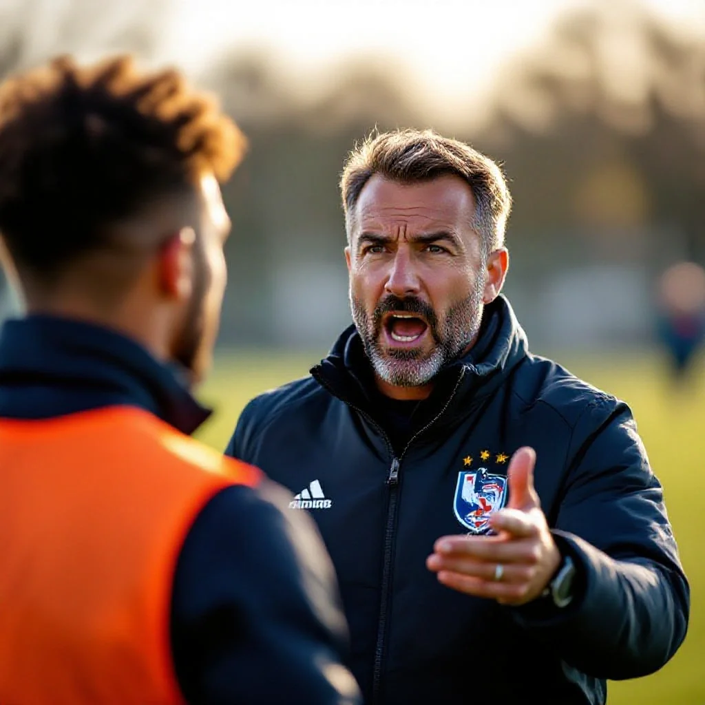 A French football manager gesturing emphatically while making eye contact with a player