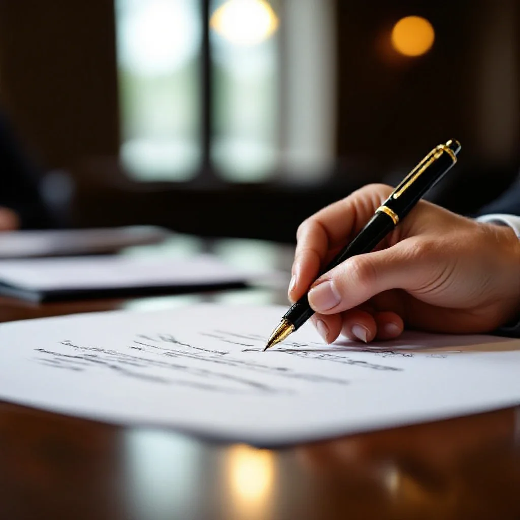 Hands signing an official document at a conference table