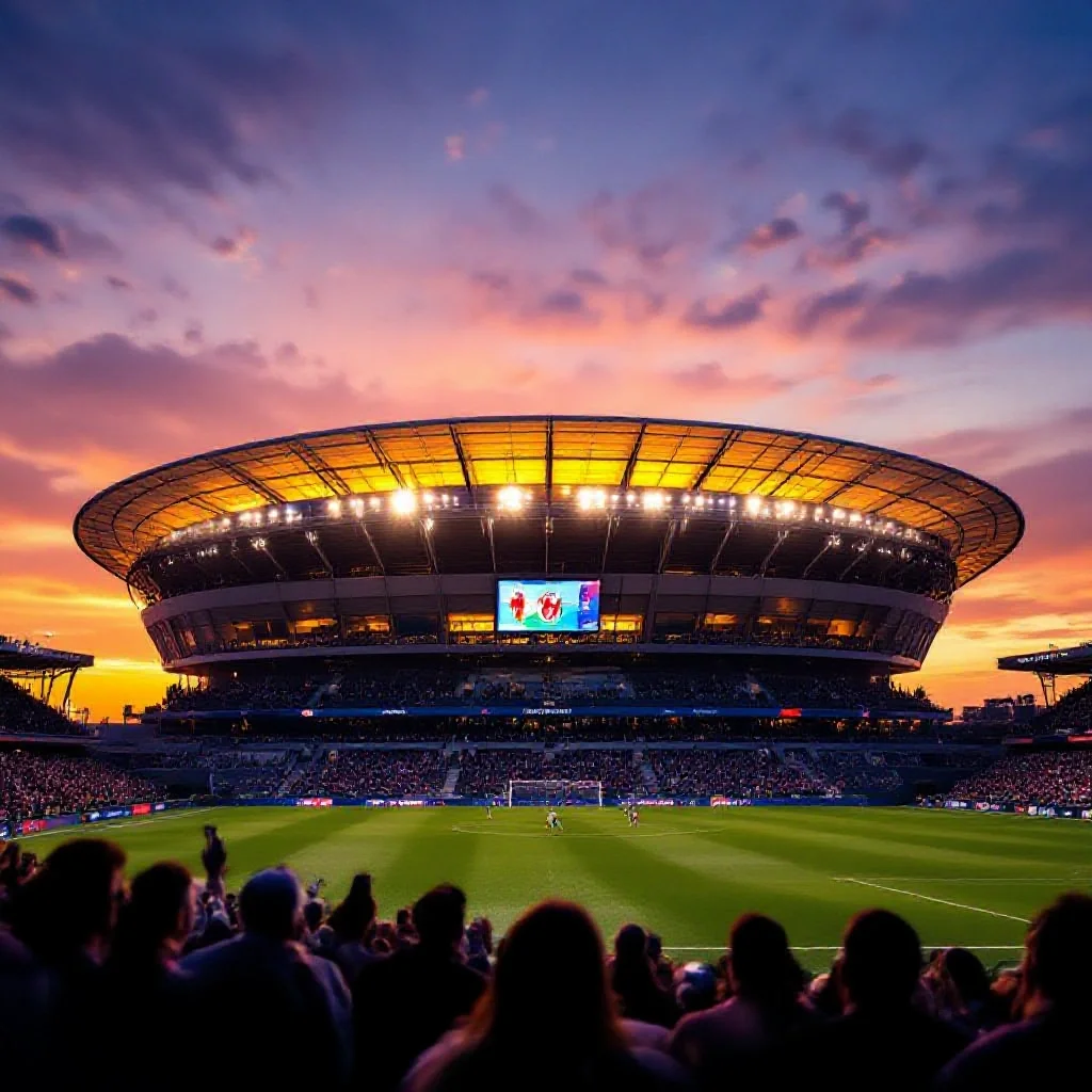 A prestigious French club’s stadium exterior at dusk