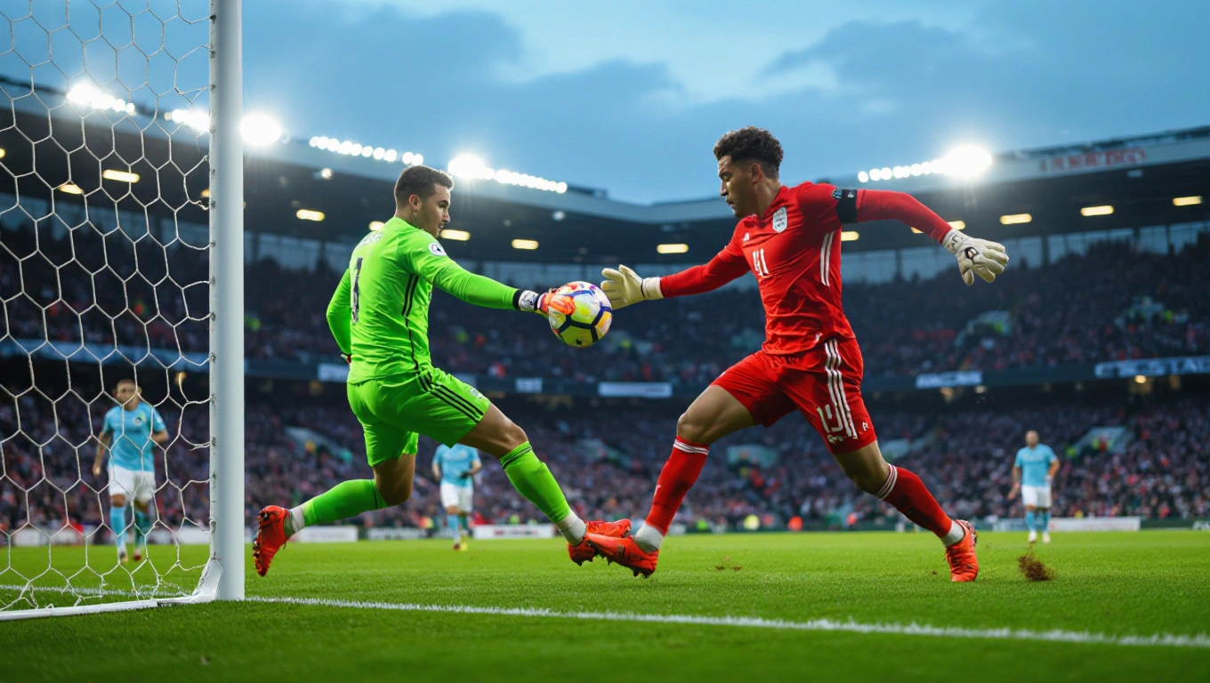 A goalkeeper in his penalty area playing a precise short pass to a central defender