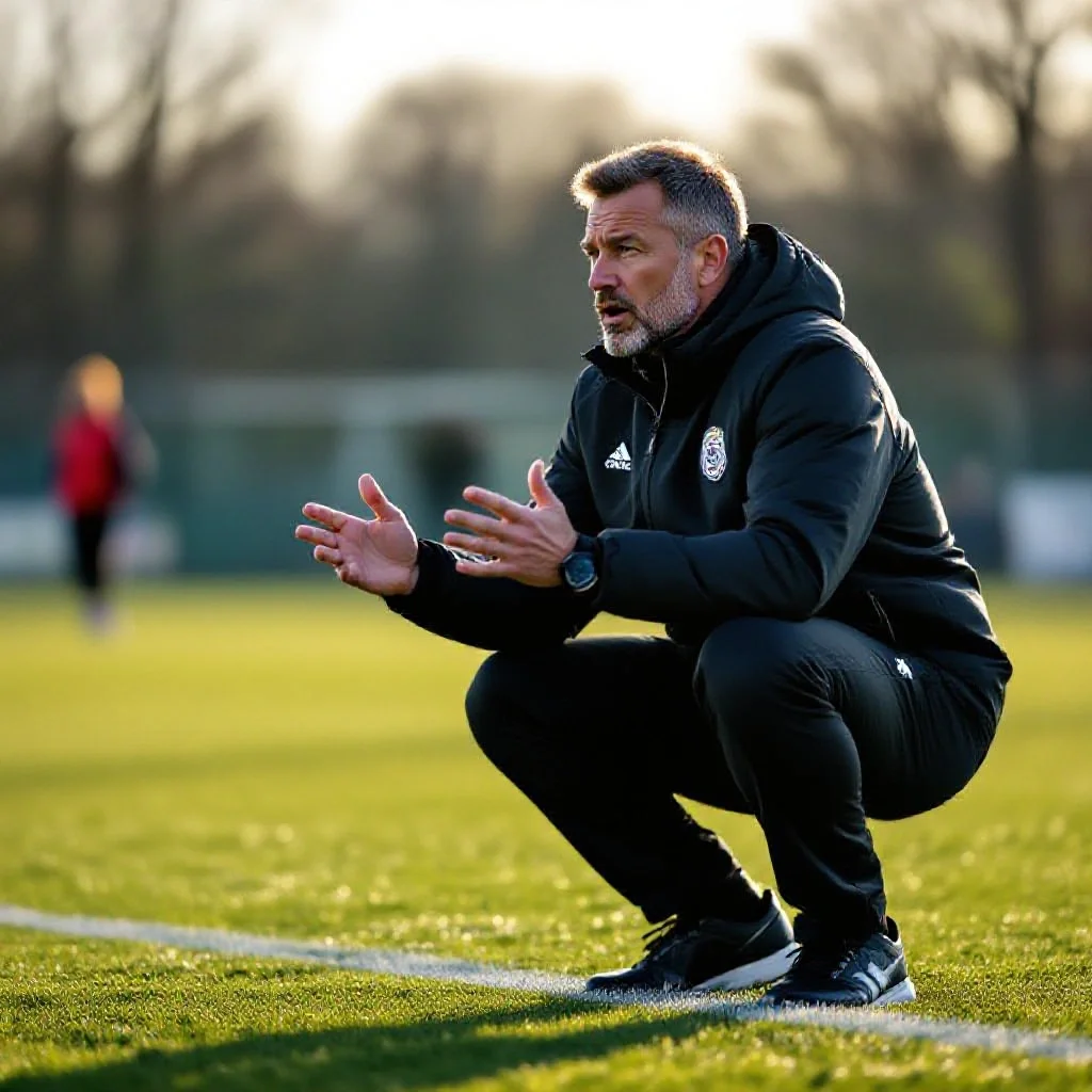A defensive-minded coach crouching at the touchline demonstrating a compact defensive shape with hand gestures