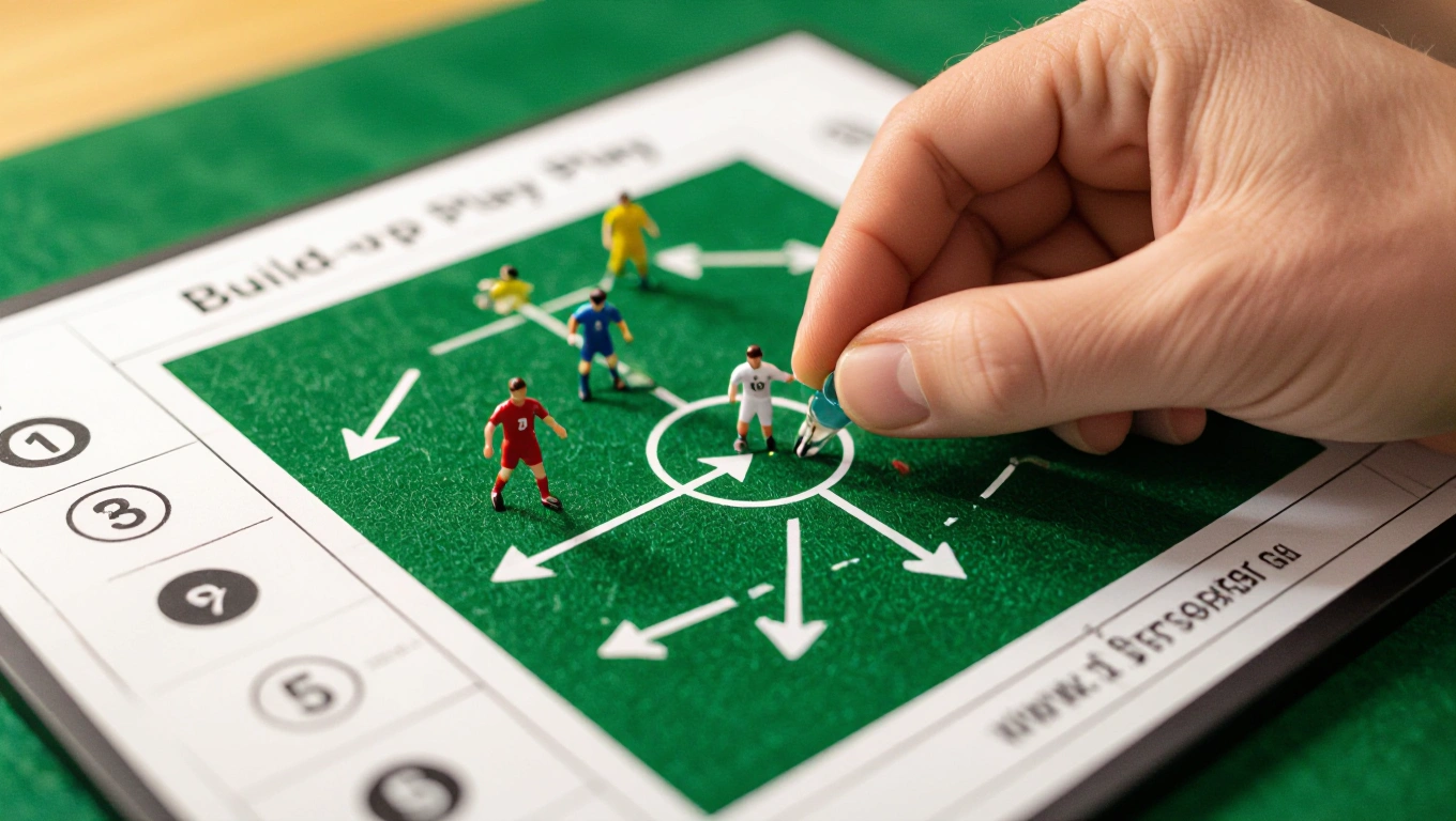 A coach’s tactical board showing build-up play patterns with arrows and numbered positions