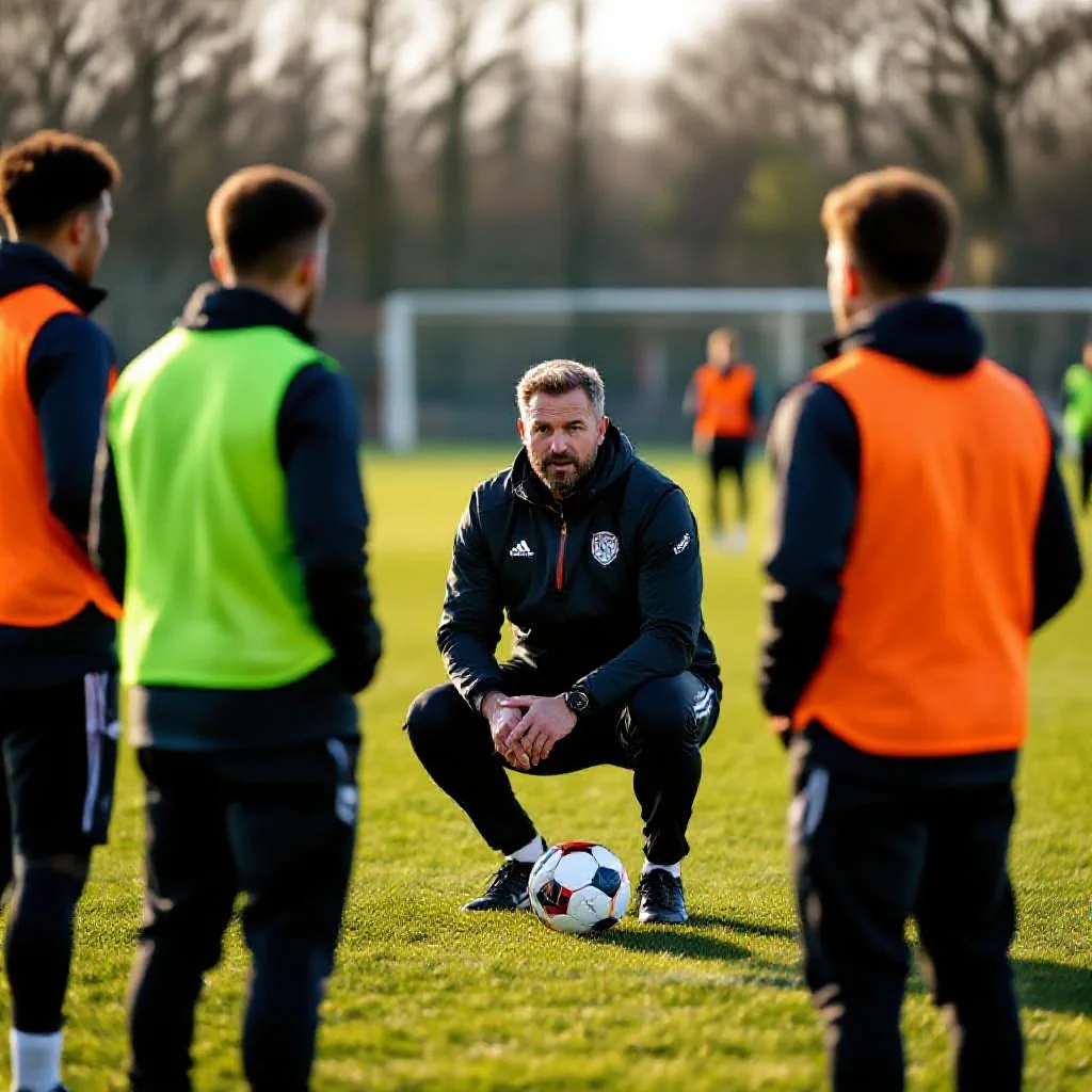 A coach crouching on the training pitch demonstrating a passing pattern to players standing around him listening