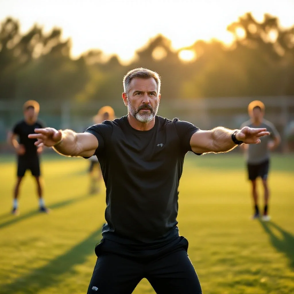 A coach demonstrating pressing movement with his arms