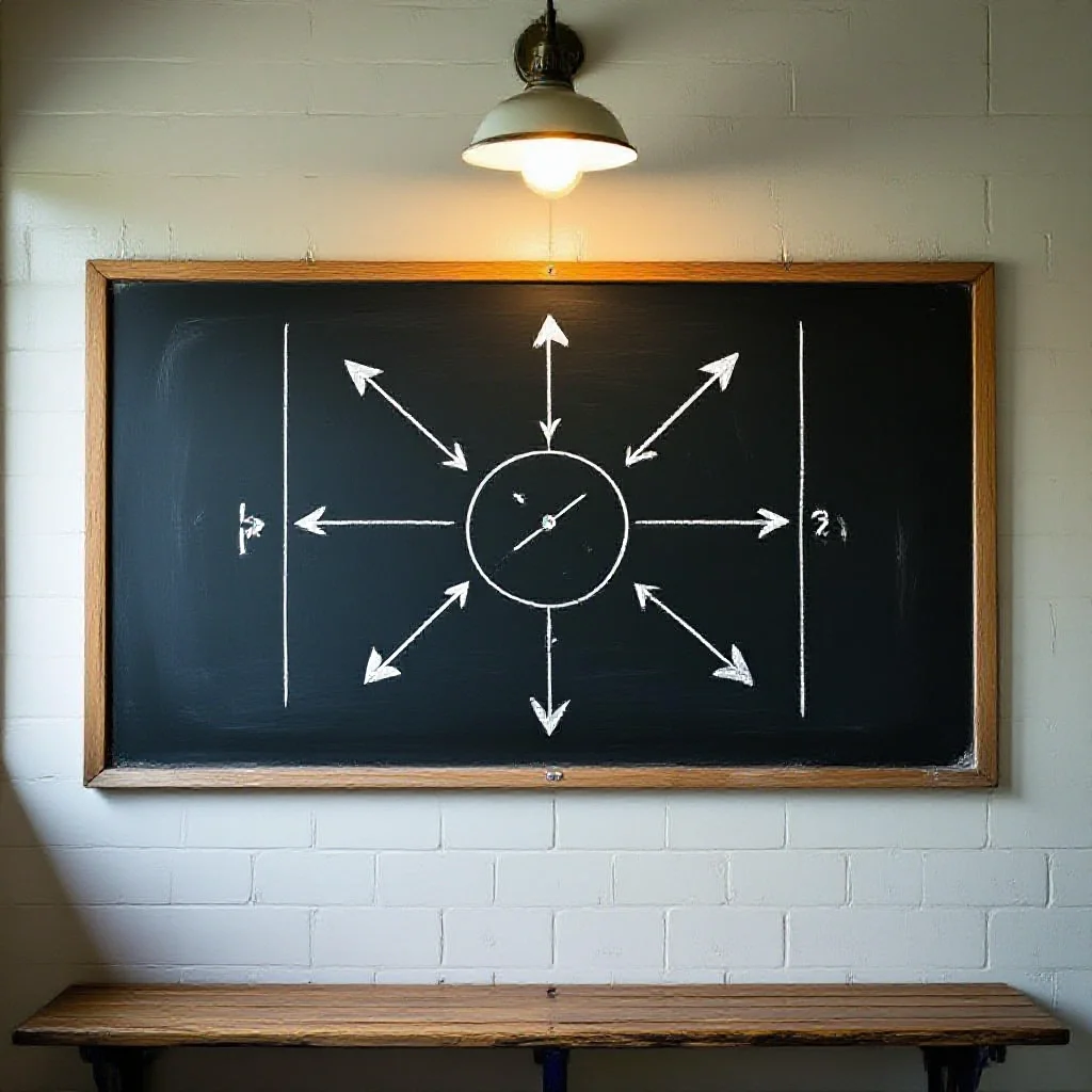 A classic blackboard in a football dressing room with white chalk arrows showing defensive zones and player positioning