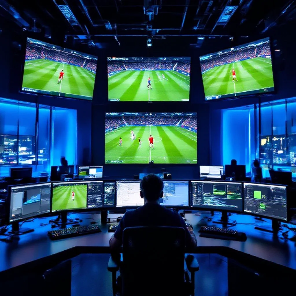 A modern sports analysis lab with multiple large screens showing synchronized match footage from different camera angles