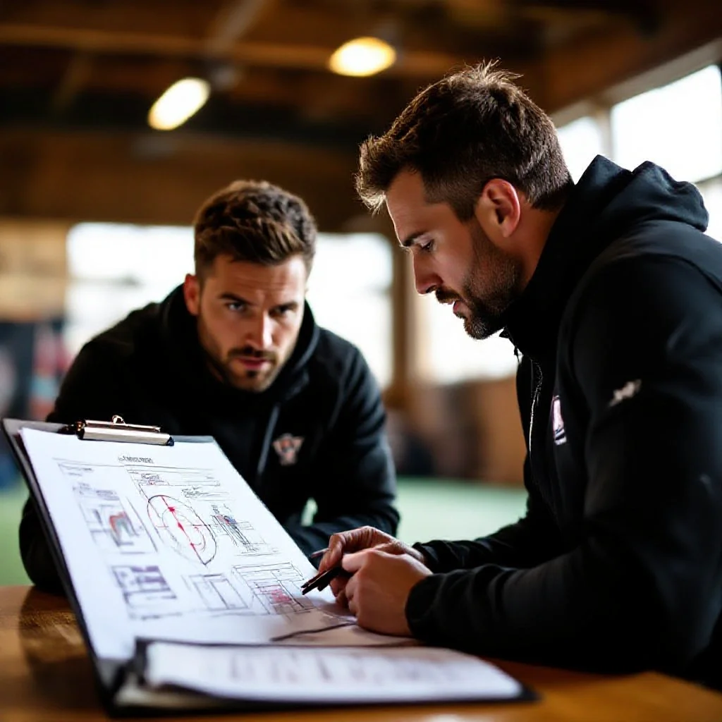 A coach in a focused one-on-one tactical conversation with a player