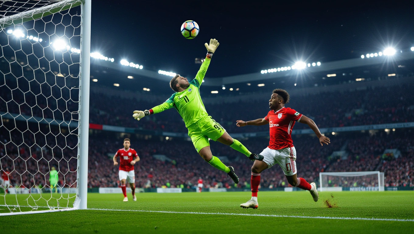A goalkeeper coming off his line to claim a high ball outside the penalty area