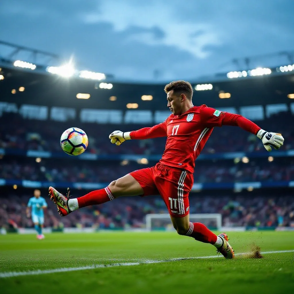 A goalkeeper striking a long distribution kick with power and technique