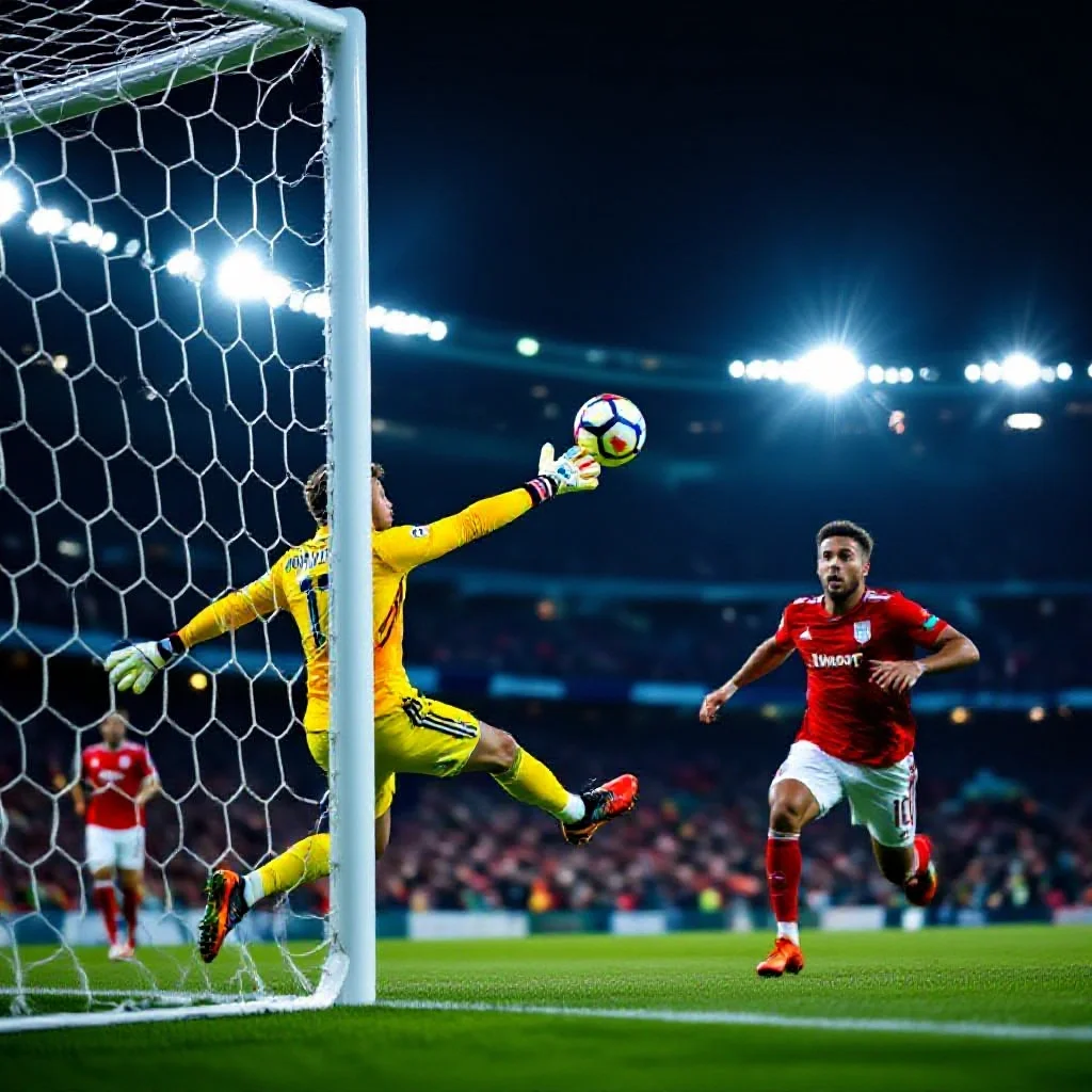 A goalkeeper 10 meters outside his penalty area intercepting a through-ball as a forward bears down