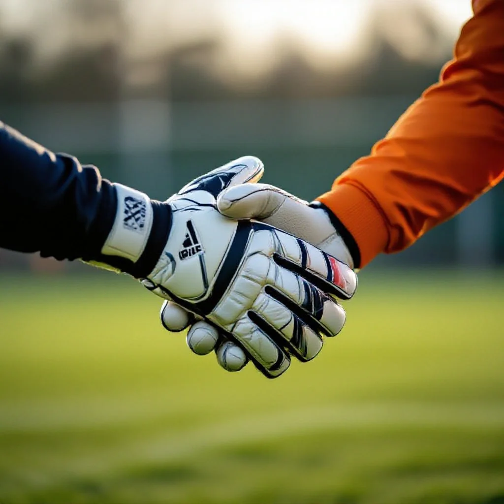 A goalkeeping coach demonstrating hand positioning technique to a goalkeeper during training