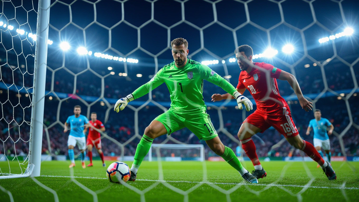 A goalkeeper in his box under pressure from a pressing forward