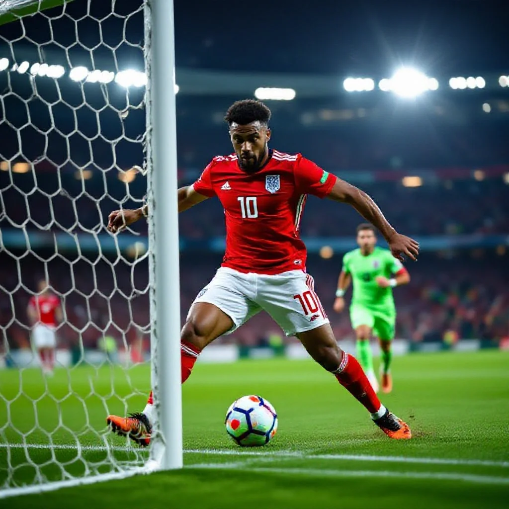 A striker poised for a shot inside the penalty area