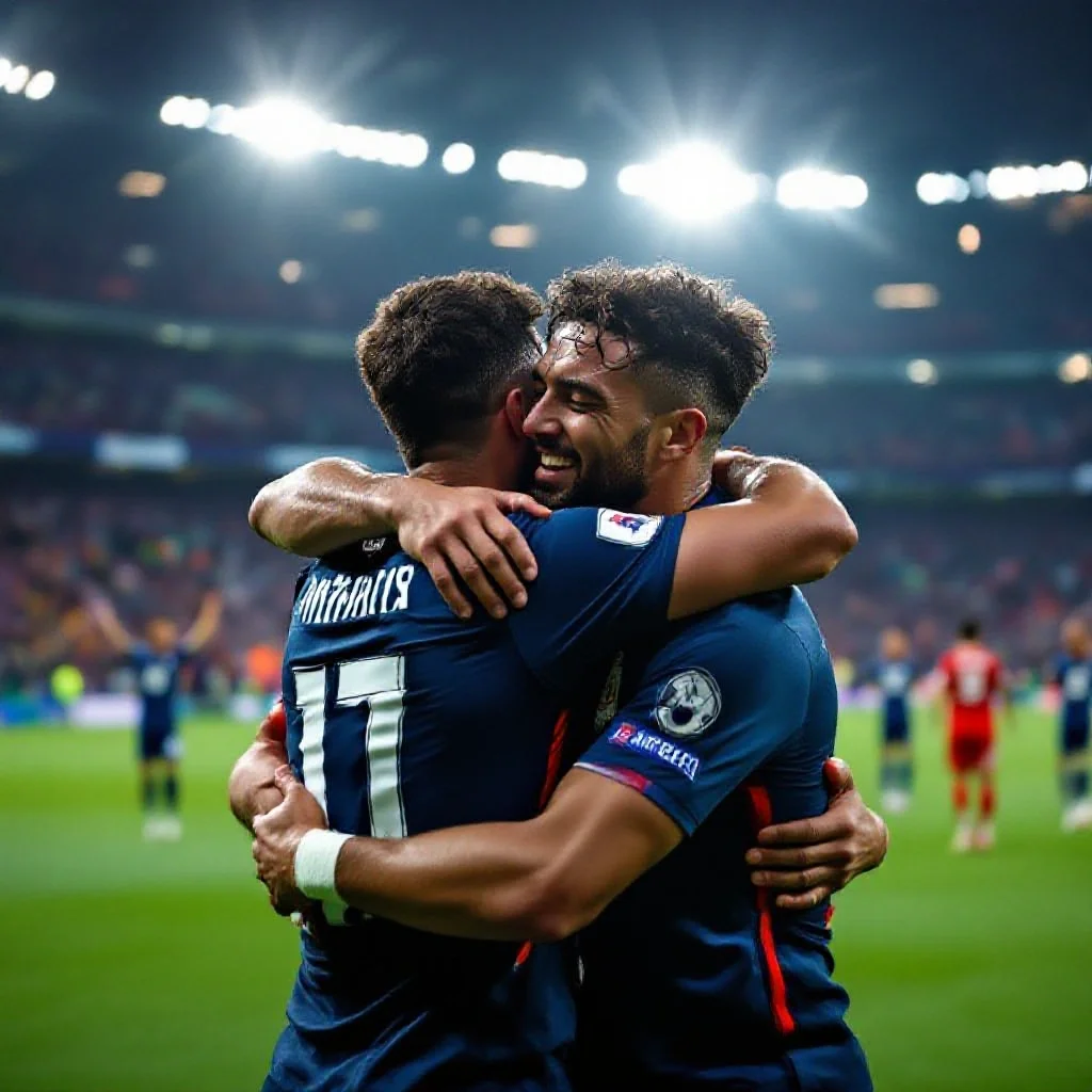 Players embracing after a match-winning moment in a historic game