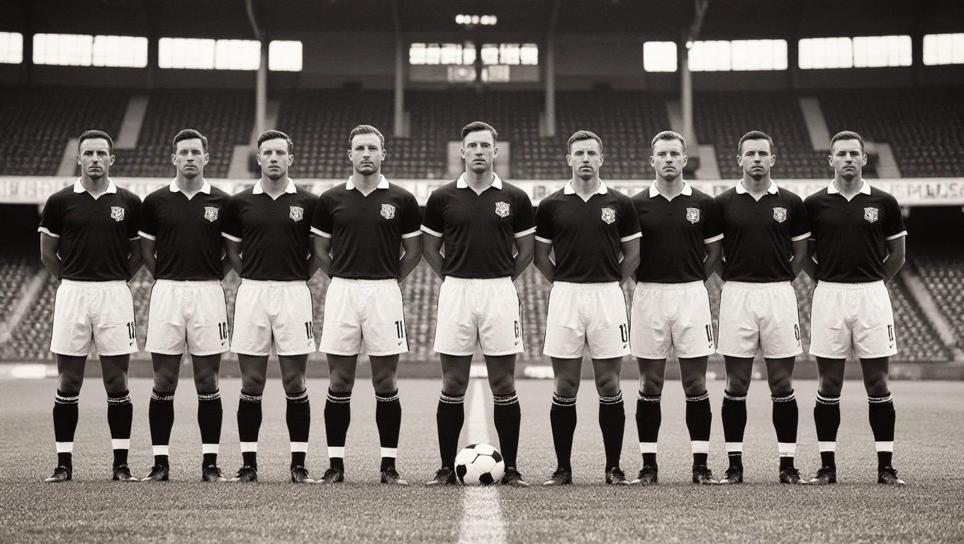 Wide angle editorial photography inspired by classic 1930s football photography aesthetic