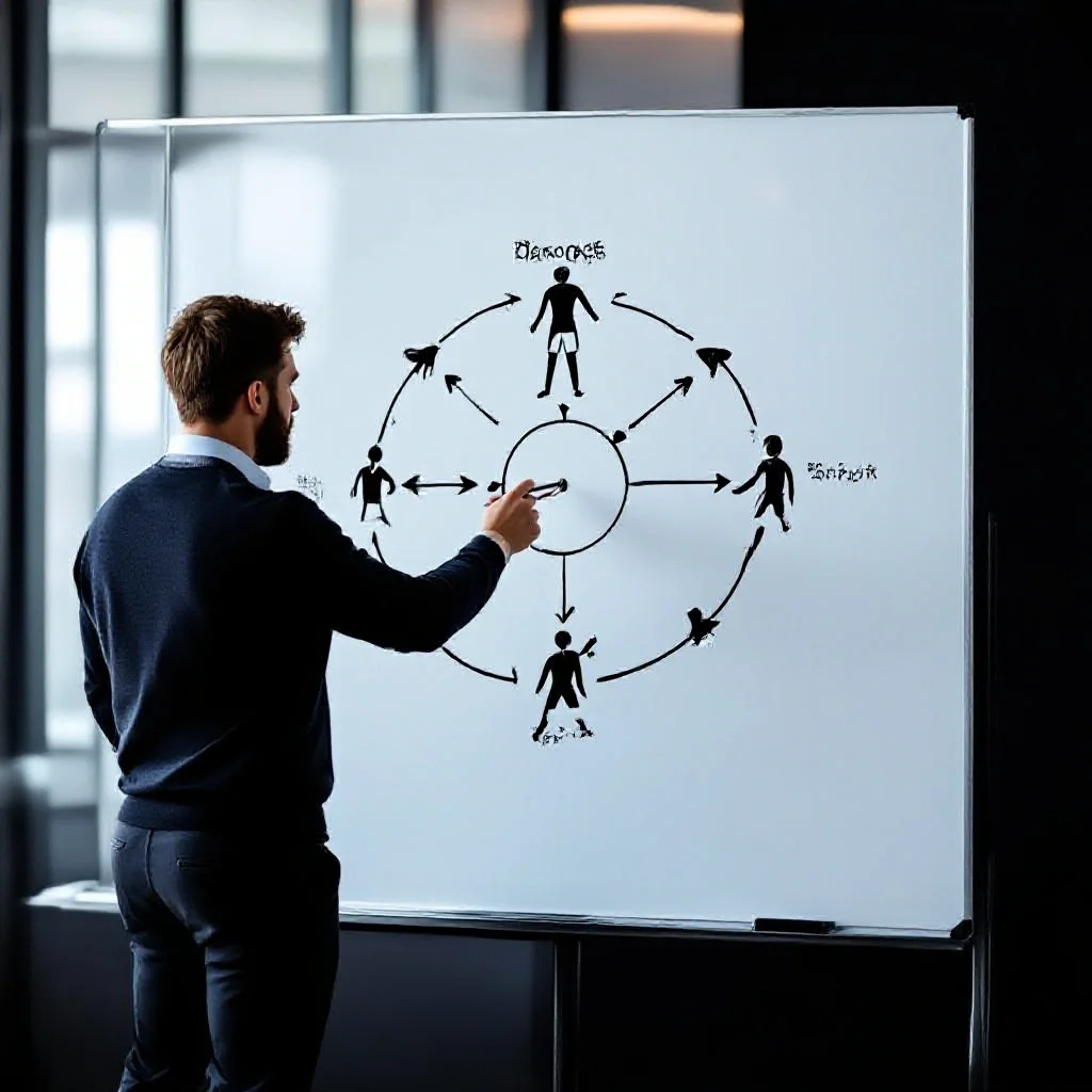 A modern coach drawing a 'total football' positional rotation diagram on a whiteboard
