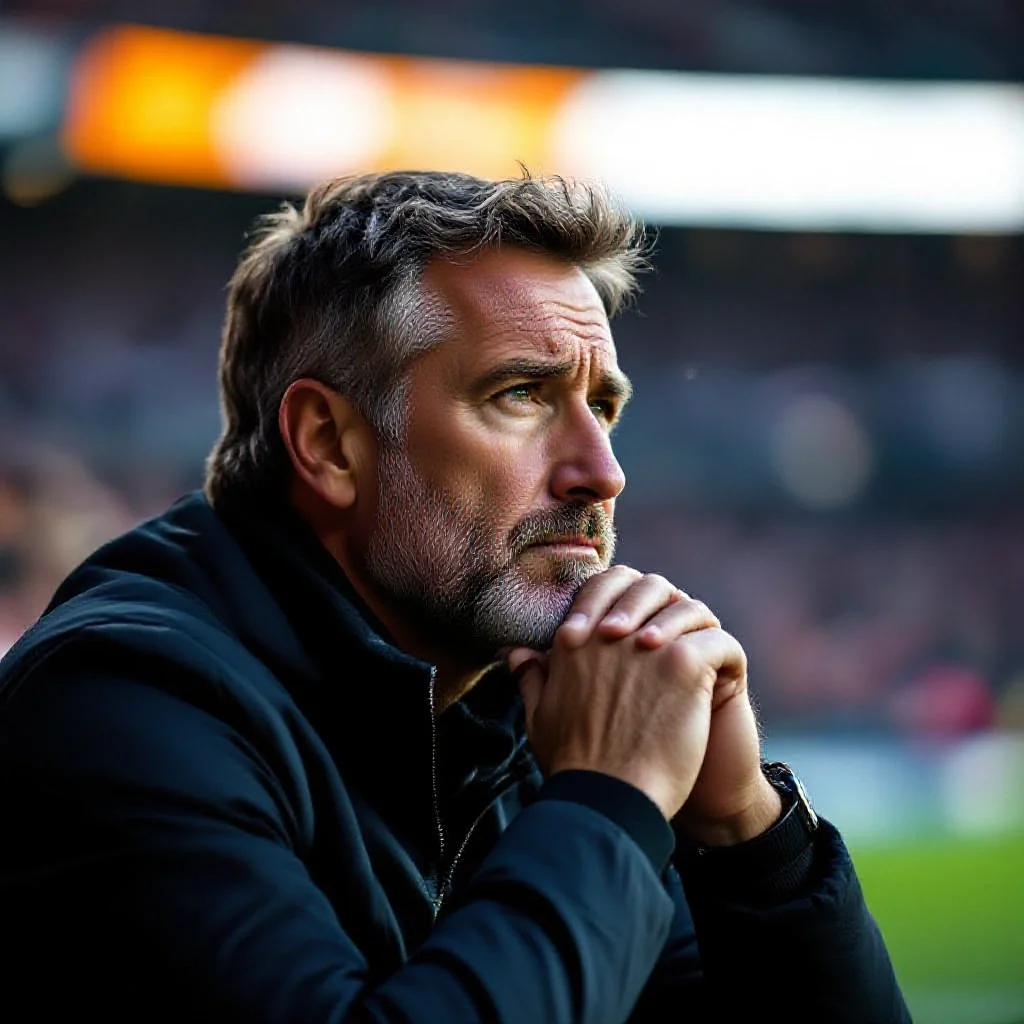 A renowned football tactician deep in thought during a match