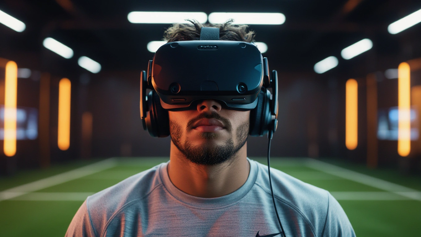 A football player wearing a VR headset in a modern training facility