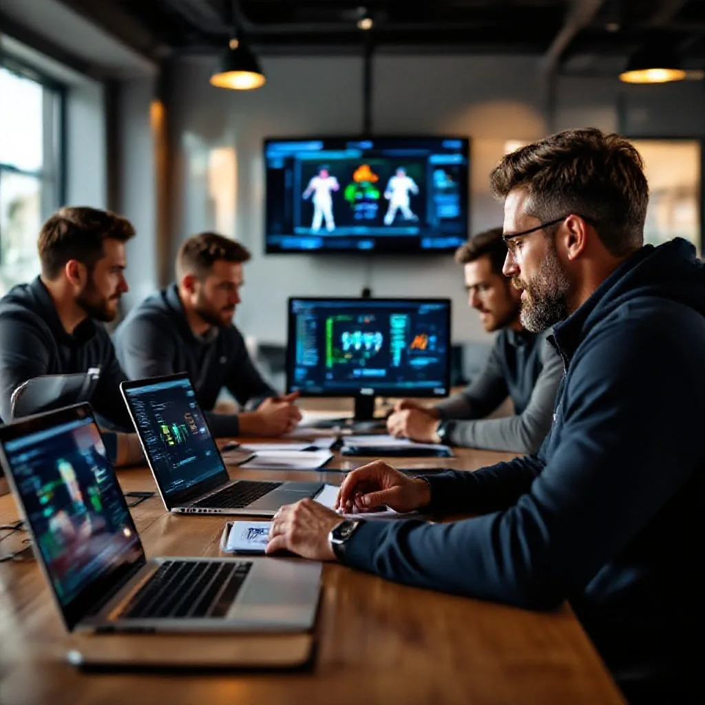 A football coaching staff analyzing data on multiple tablets and laptops simultaneously in a modern meeting room