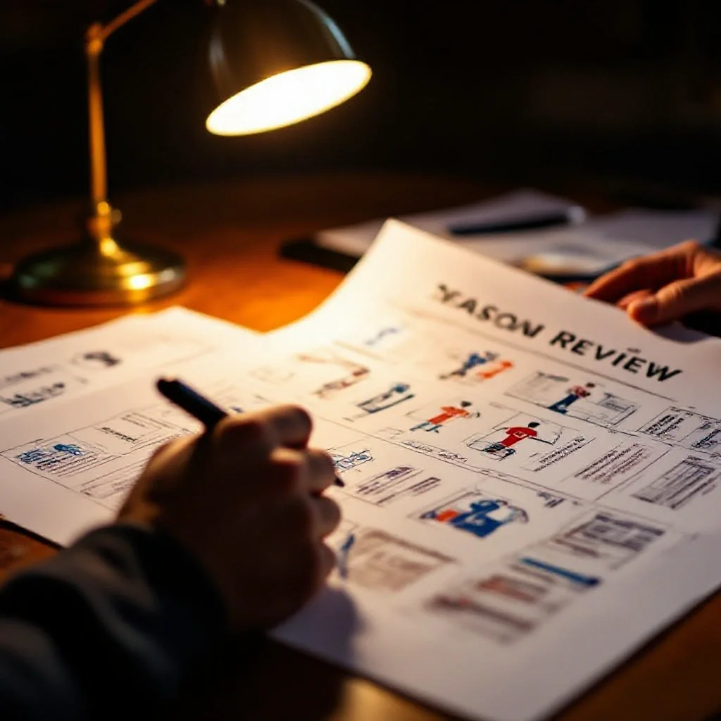 A season review document spread on a desk with formation diagrams and player statistics annotated in marker
