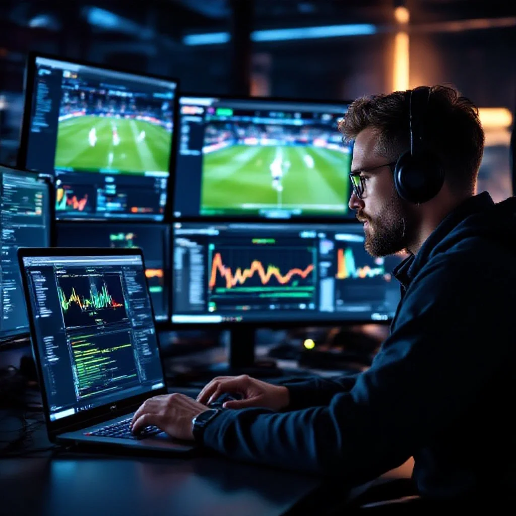A video analyst fast-forwarding through match footage on a laptop