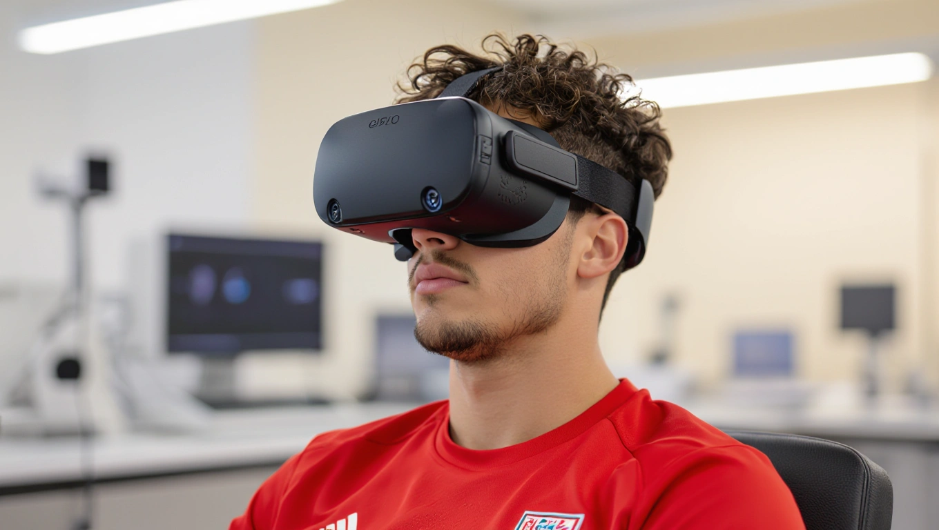 A footballer sitting in a sports science lab wearing a VR headset for cognitive training